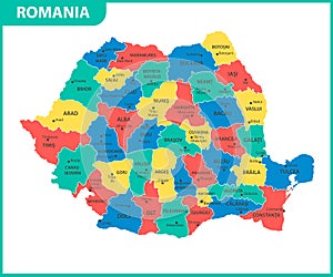 The detailed map of the Romania with regions or states and cities, capital. Administrative division.