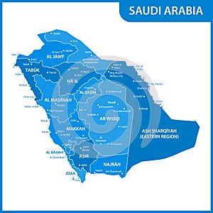 The detailed map of the Saudi Arabia with regions or states and cities, capitals photo