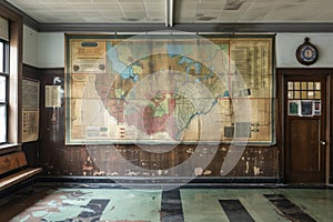 A detailed map of the school prominently displayed on the wall of a building, A map of the school displayed prominently in the
