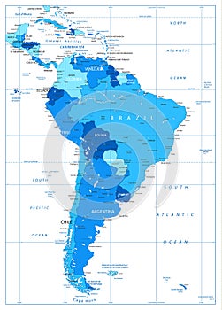 Detailed Map of South America in colors of blue