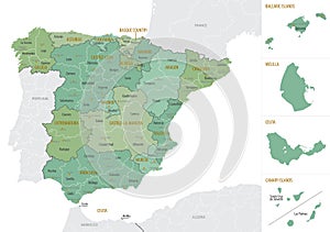 Detailed map of Spain with administrative divisions into Autonomous communities and autonomous cities and Provinces, major cities