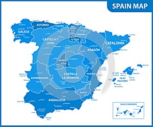 The detailed map of the Spain with regions or states and cities, capitals