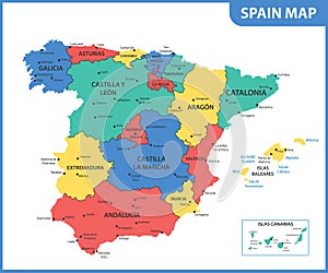 The detailed map of the Spain with regions or states and cities, capitals