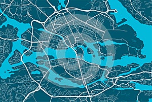 Detailed map of Stockholm city, linear print map. Cityscape panorama