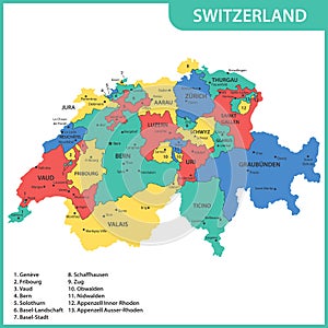 The detailed map of the Switzerland with regions or states and cities, capitals