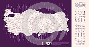 Detailed map of Turkey with administrative divisions on dark background, country big cities and icons set, vector illustration photo
