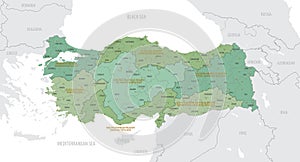 Detailed map of Turkey with administrative divisions into Districts and Provinces, major cities of the country, vector