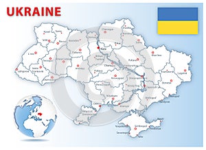 Detailed map of Ukraine administrative divisions with country flag and location on the globe.