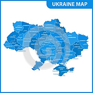 The detailed map of the Ukraine with regions or states and cities, capital. Administrative division. Crimea, part of Donetsk and L