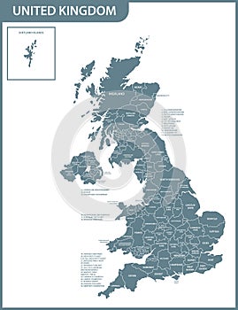 The detailed map of the United Kingdom with regions or states. Actual current relevant UK, Great Britain administrative devision.