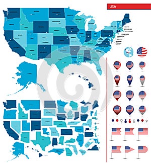 Detailed map of the United States of America. Big sities. Icons, location indicators