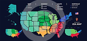 Detailed map of US regions, isolated states with names, Colorful infographics of the United States of America, vector illustration