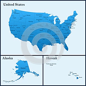 The detailed map of the USA including Alaska and Hawaii. The United States of America with the capitals and the biggest cities