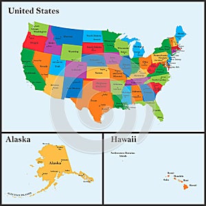 The detailed map of the USA including Alaska and Hawaii. The United States of America with the capitals and the biggest cities photo