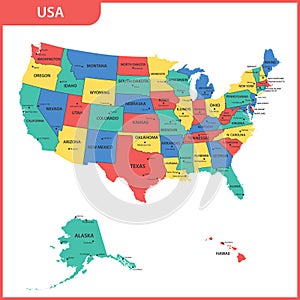 The detailed map of the USA with regions or states and cities, capital. United States of America