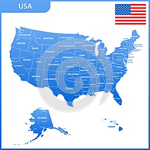 The detailed map of the USA with regions or states and cities, capital. United States of America with national flag