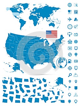 Detailed map of USA and World map navigation set