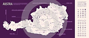 Detailed map of Ðustria with administrative divisions on dark background, country big cities and icons set, vector illustration