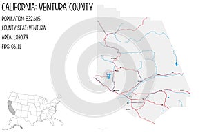 Detailed map of Ventura County in California, USA