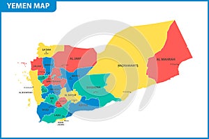 The detailed map of Yemen with regions or states and cities, capital. Administrative division.