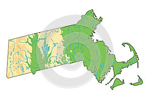 Detailed Massachusetts physical map.