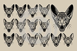 Detailed meowing cornish rex cat head illustration design bundle