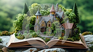 A detailed miniature castle surrounded by lush greenery emerges from the pages of an open book, embracing the realm of fantasy.