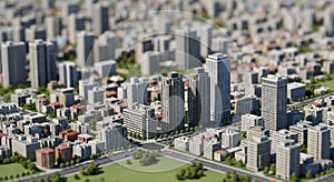 Tilt-shift miniature city model with detailed aerial perspective
