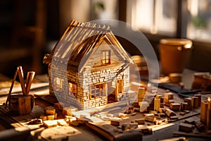Detailed miniature house model on a woodworking table with construction materials and tools