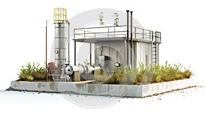 A detailed miniature industrial plant model, showcasing a gray structure with pipes, tanks, and greenery on a concrete base
