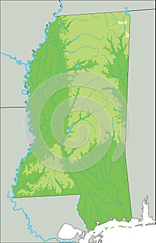 Detailed Mississippi physical map.