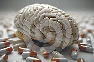 Medical Innovations: Human Brain Model Amidst Pharmaceutical Pills for Neuroscience and Drug Research Generative AI photo