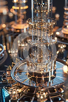 A detailed model of a quantum computers core highlighting qubits in a controlled environment