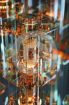 A detailed model of a quantum computers core highlighting qubits in a controlled environment