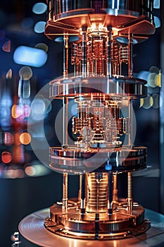 A detailed model of a quantum computers core highlighting qubits in a controlled environment