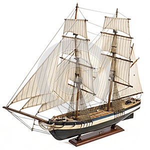 Detailed model sailboat with intricate rigging isolated photo