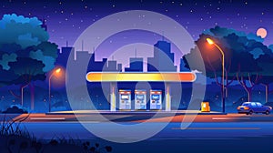 Detailed modern cartoon illustration of an empty filling station with market and prices displayed on the road. Cityscape