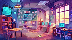 Detailed modern illustration of a computer science classroom with a teacher and student. Various desks, chairs