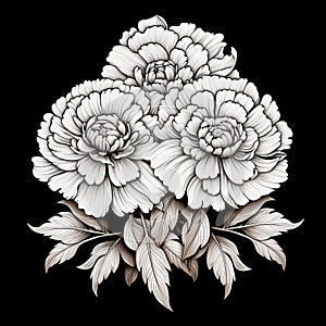 Detailed Monochrome Carnations Drawing On Black Background