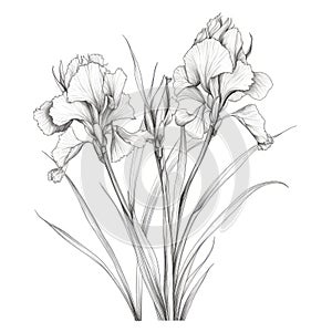 Detailné kreslenie z kosatec kvety a listy 