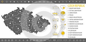 Detailed monochrome map of Czech Republic, gray country territory with geographic borders and administrative divisions on white