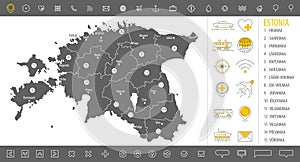 Detailed monochrome map of Estonia, gray country territory with geographic borders and administrative divisions on white