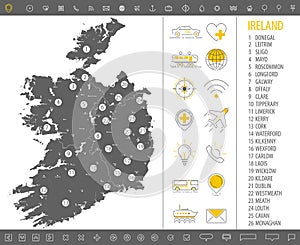 Detailed monochrome map of Ireland, gray country territory with geographic borders and administrative divisions on white