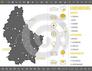 Detailed monochrome map of luxembourg, country territory with geographic borders and administrative divisions on white background