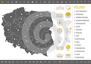 Detailed monochrome map of Poland, gray country territory with geographic borders and administrative divisions on white background