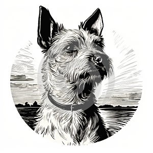 Detailed Monochrome Portrait Of A Dog Sitting In A Circle With Sun Background