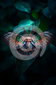 Detailed moth perched on a leaf in a vibrant, natural setting.