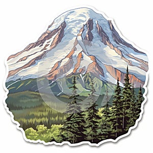 Detailed Mount Rainier Sticker: Shaded Forest Landscape On Die Cut White Background