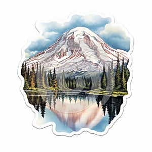 Detailed Mt. Rainier Sticker: Realistic Painting On White Background