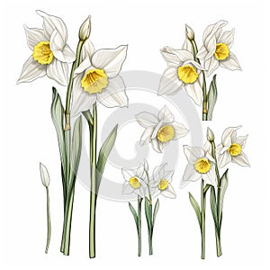 Detailed Neotraditional Daffodil Line Art On White Background
